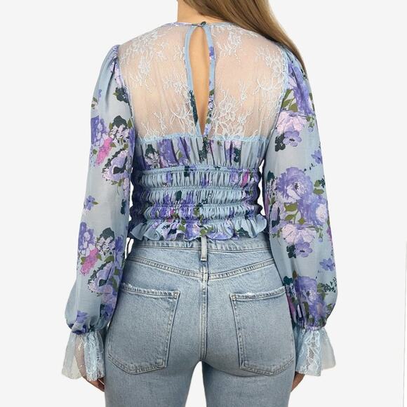 Free People Daphne Blouse Blue Small Floral Lace Boho Cottage Girlcore Romantic - Picture 2 of 16